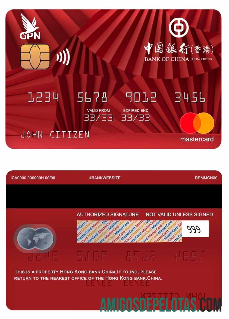 Mastercard do Banco da China de Hong Kong exemplo
